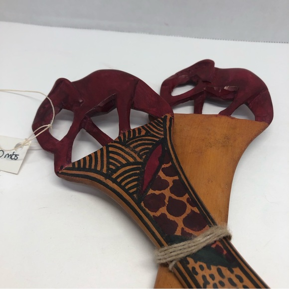 VTG African Hand Carved Wooden Elephant Trunk Down Salad Fork And Spoon - Picture 2 of 14